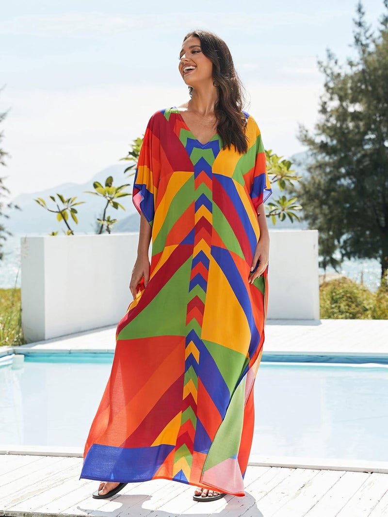 IMAGEKOPE Women's Plus Size Loose Fit Moroccan Print V-Neck Batwing Kaftan Beach Dress Bathing Suit Cover Up - Image 3